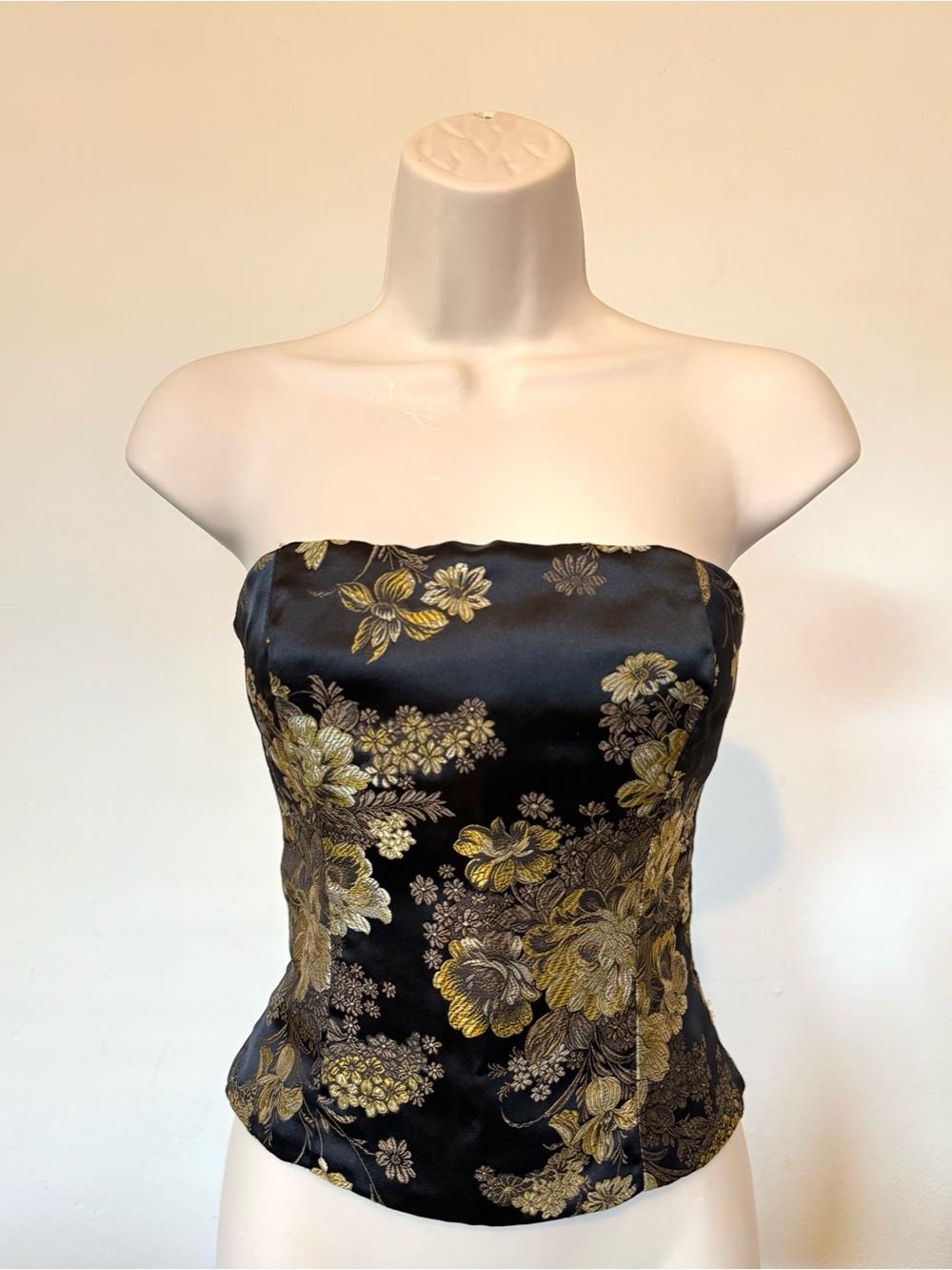 Vintage Pearl Black & Gold Floral Brocade Tie-Back Corset Top Size S/M
